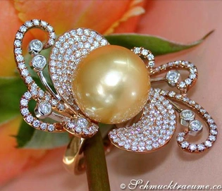 Goldener Südseeperlen-Ring mit Brillanten, 13-14 mm, Roségold 750