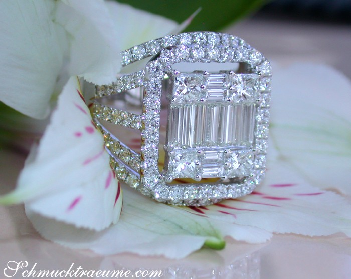 Princess und Baguette Diamant-Ring in Weißgold 750