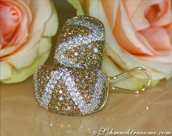 Goldene Zick-Zack-Ohrstecker mit braunen und weißen Brillanten, Detailaufnahme, Rosen im Hintergrund.