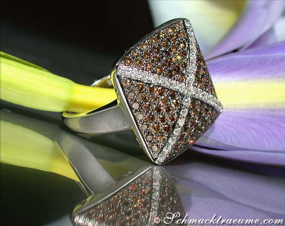 Detaillierte Ansicht eines Ringes mit naturbraunen Brillanten, eingefasst in weißgoldner Schmuckstelle, auf blühendem