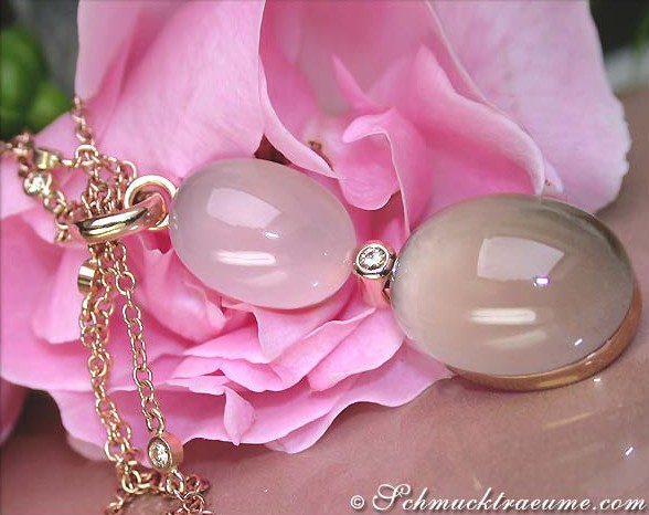 Rosenquarz und Rauchquarz-Collier mit Brillanten auf roségoldener Kette