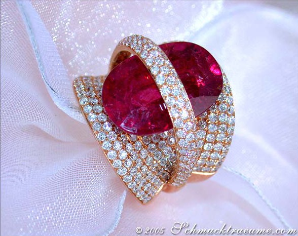 Überdimensionaler Rubellit-Ring mit Diamanten, Roségold 750, Detailaufnahme