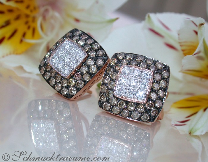 Klassische Carré-Ohrstecker aus Roségold mit braunen und weißen Brillanten