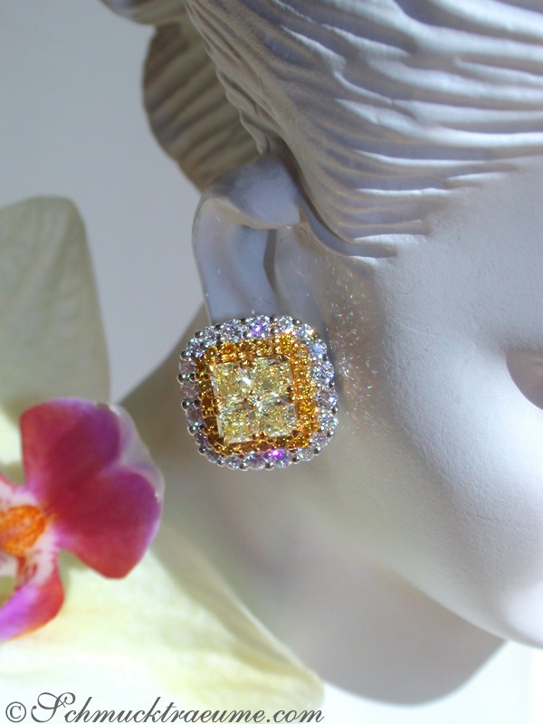 Radiant-Schliff-Ohrstecker mit gelben Diamanten und weißem Gold