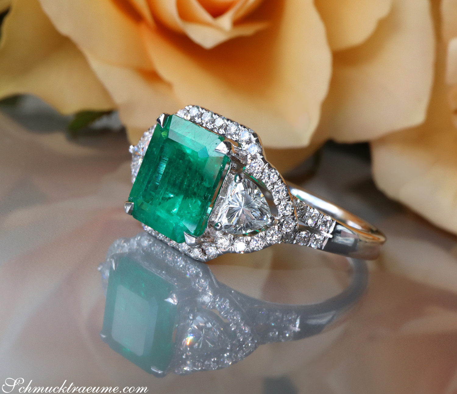 Smaragd-Ring mit Diamanten, Detailaufnahme, Weißgold 750