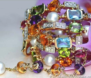 Exquisites Edelstein-Armband mit Diamanten & Perlen: Amethyst, Citrin, Blautopas, Iolith, Peridot, Pink Tourmalin,