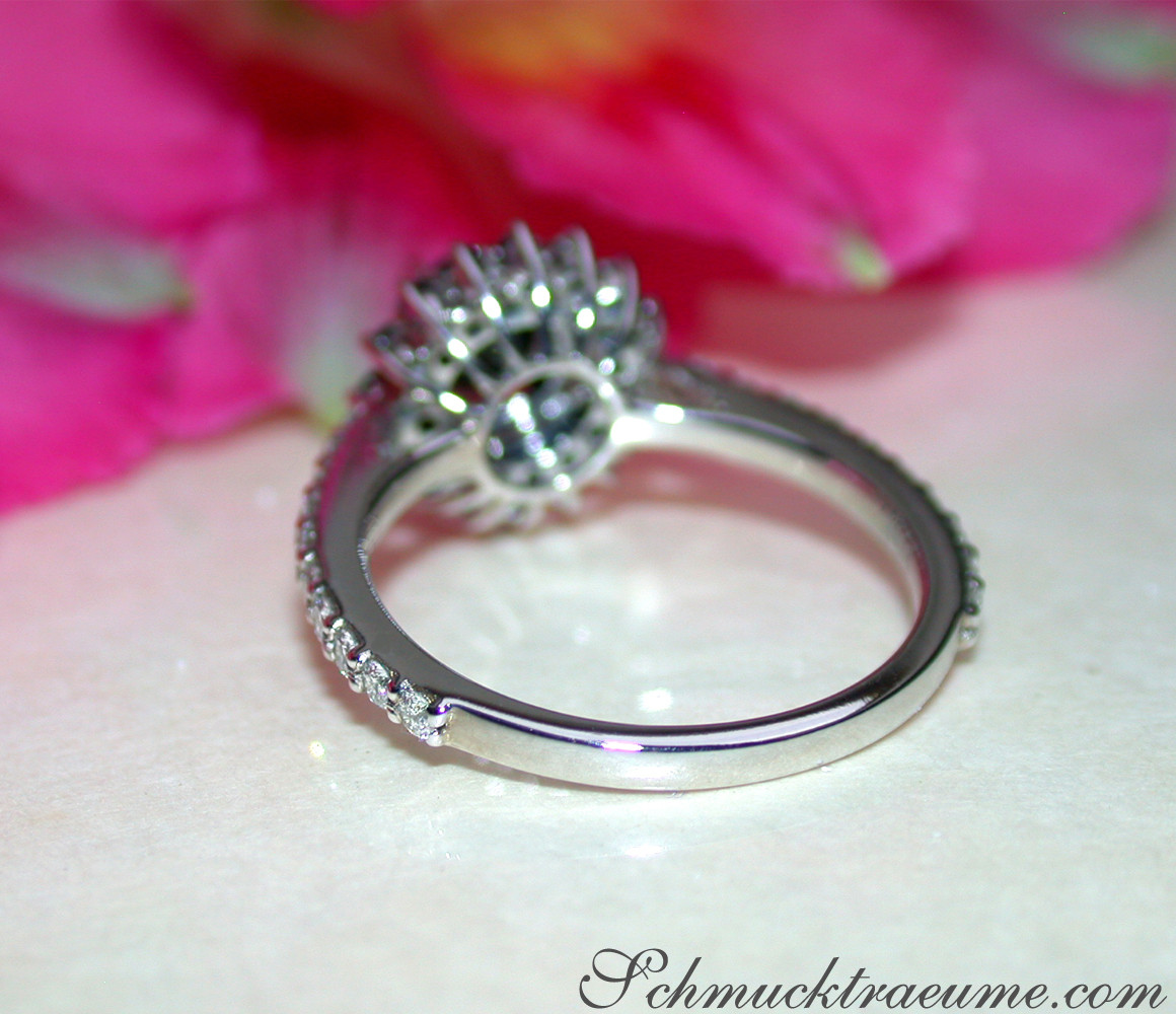 Schwarzer Diamant Solitär-Ring mit Diamantbesatz, Detailaufnahme, Weißgold 585, rosafarbene Blüte im Hintergrund.