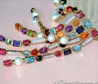 Luxuriöses Multicolor Edelstein Collier mit Perlen & Diamanten, Gelbgold 750, detailreich, mehrschichtig, farbenfroh, elegant