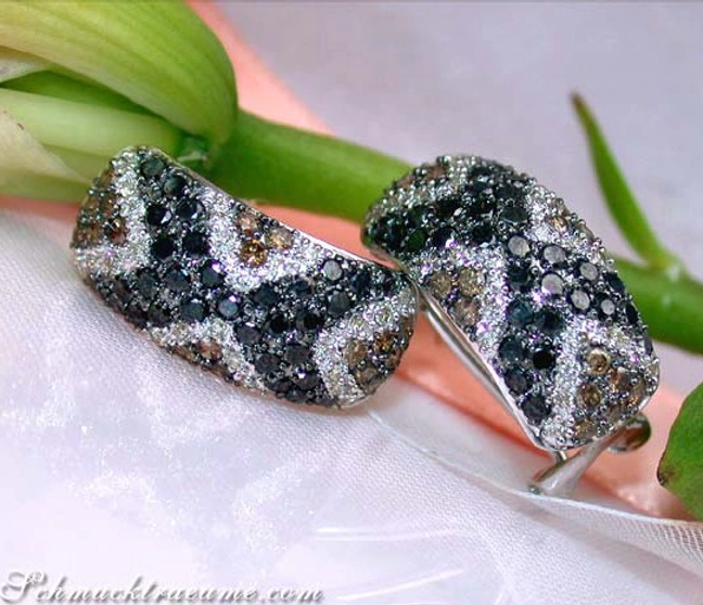 Weißgold-Ohrstecker mit schwarzen, cognac-braunen und weißen Diamanten, Detailaufnahme, elegant. Weißgold-Ohrstecker mit schwarzen, cognac-braunen und weißen Diamanten, Detailaufnahme, elegant.