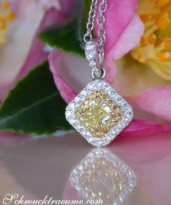 Erlesener gelber Diamant-Solitär-Anhänger auf silberner Kette, detailreich, zarte Blüten im Hintergrund