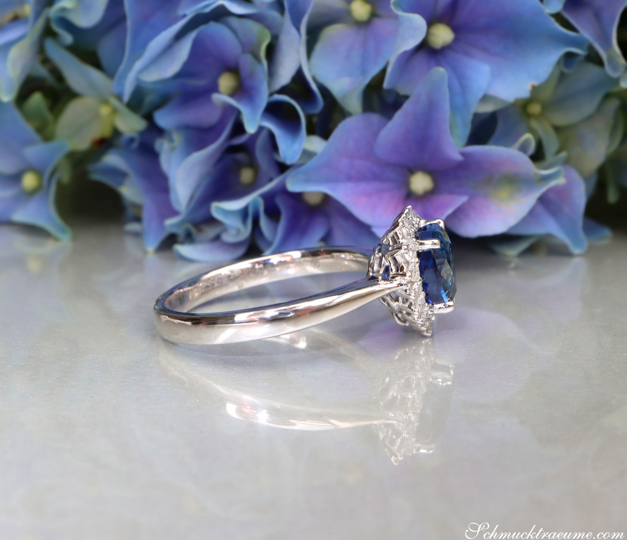 Blauer Saphir Herz-Ring mit Brillanten, Detailaufnahme, Weißgold 750, Blumen im Hintergrund