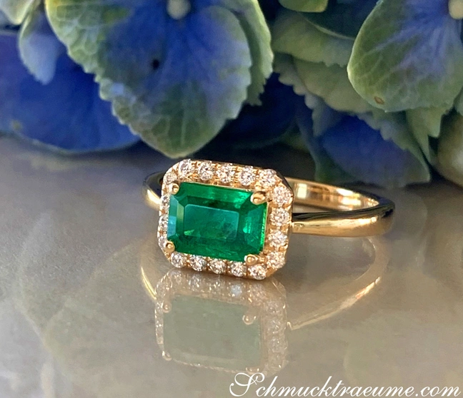 Gelbgold-Ring mit Smaragd und Brillanten, detailreich, blühende Blätter im Hintergrund. Gelbgold-Ring mit Smaragd und Brillanten, detailreich, blühende Blätter im Hintergrund.