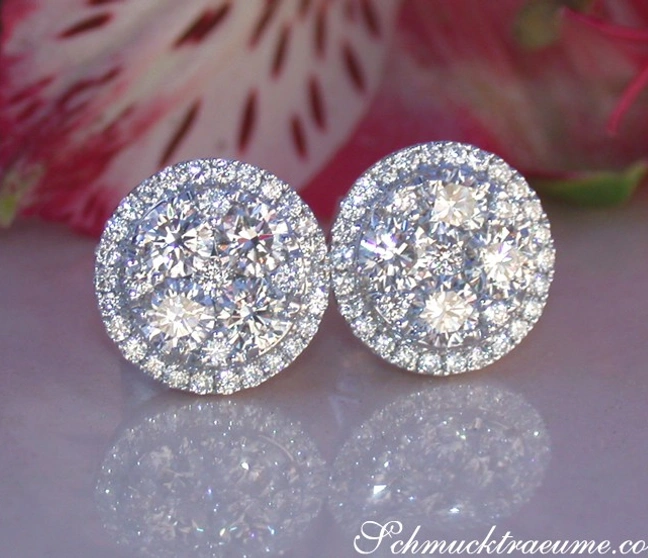 Runde Brillant-Ohrstecker aus Weißgold 750, 1.040 Karat TW VS, auf weißem Hintergrund mit Blume Runde Brillant-Ohrstecker aus Weißgold 750, 1.040 Karat TW VS, auf weißem Hintergrund mit Blume