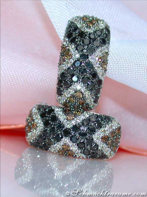 Detail der Diamantohrringe mit braunen, weißen und schwarzen Steinen auf Silbergrund