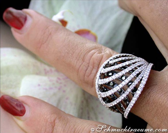 Schwarz-weißer Diamantring, Detailaufnahme, auffällige Linien, elegant, Weißgold 750