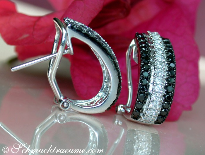 Sportliche Creolen mit schwarz/weißen Diamanten, Detailaufnahme