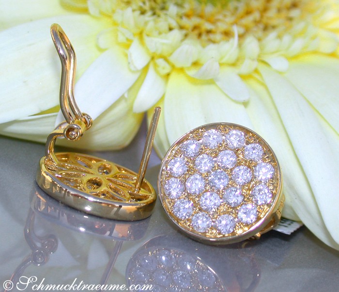 Goldene Ohrstecker mit Brillanten, Detailaufnahme, seitlich, auf Blume liegend