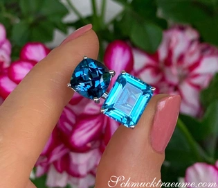 Blautopas-Toi et Moi-Ring in Weißgold, zwei leuchtende Steine auf einem Finger