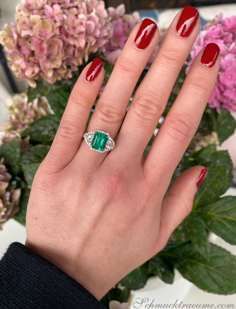 Ringe mit Smaragd und Diamant, roter Nagellack, Blumen im Hintergrund