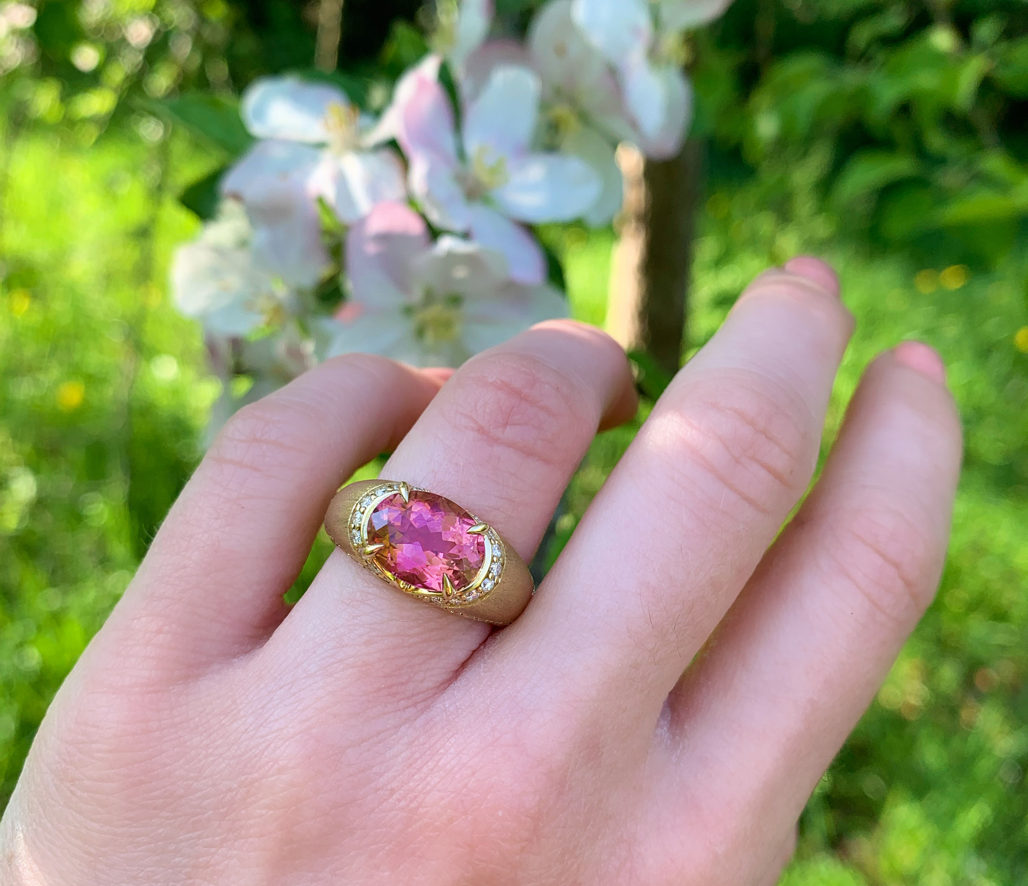 Rosa Turmalin Brillanten-Ring auf Hand vor blühender Apfelblüte