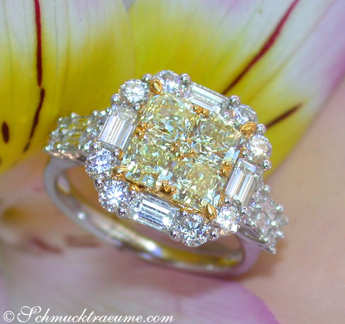 Detailaufnahme eines Diamantenrings mit gelben Diamanten und Brillanten, Goldschmiedearbeit