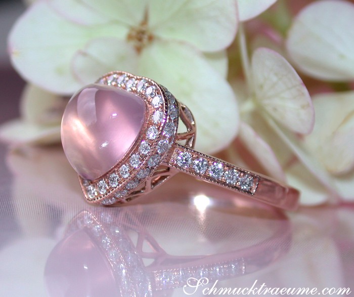 Rosenquarz Herz Ring mit Brillanten in Roségold 750