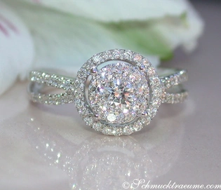 Weißgoldring mit Diamanten, Detailaufnahme, rund, halb-halb-Schliff, glänzend, elegant