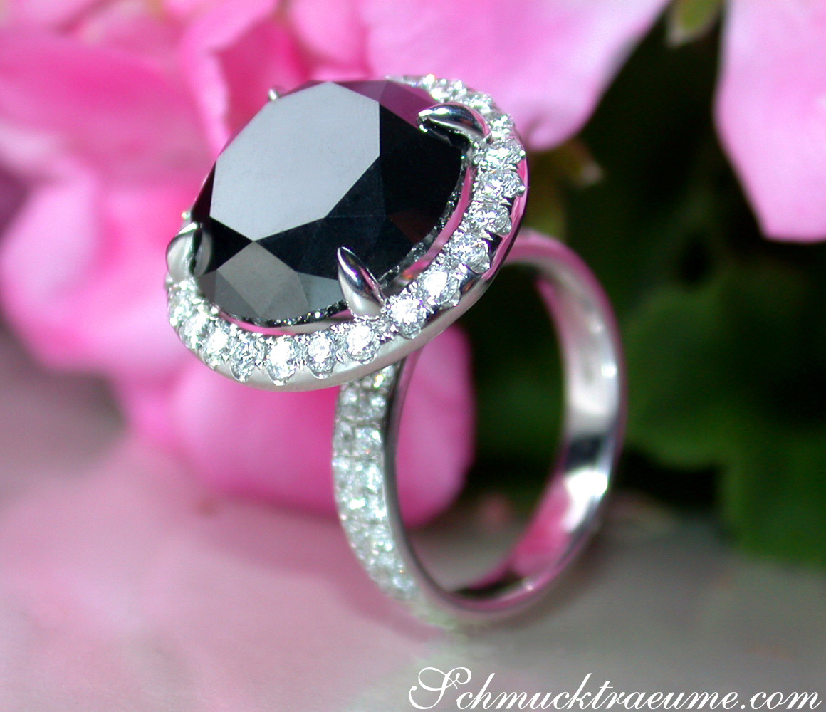 Schwarzer Diamant Solitär-Ring mit Brillanten, Detailaufnahme, weißgoldene Krappenfassung, vor Blüten.
