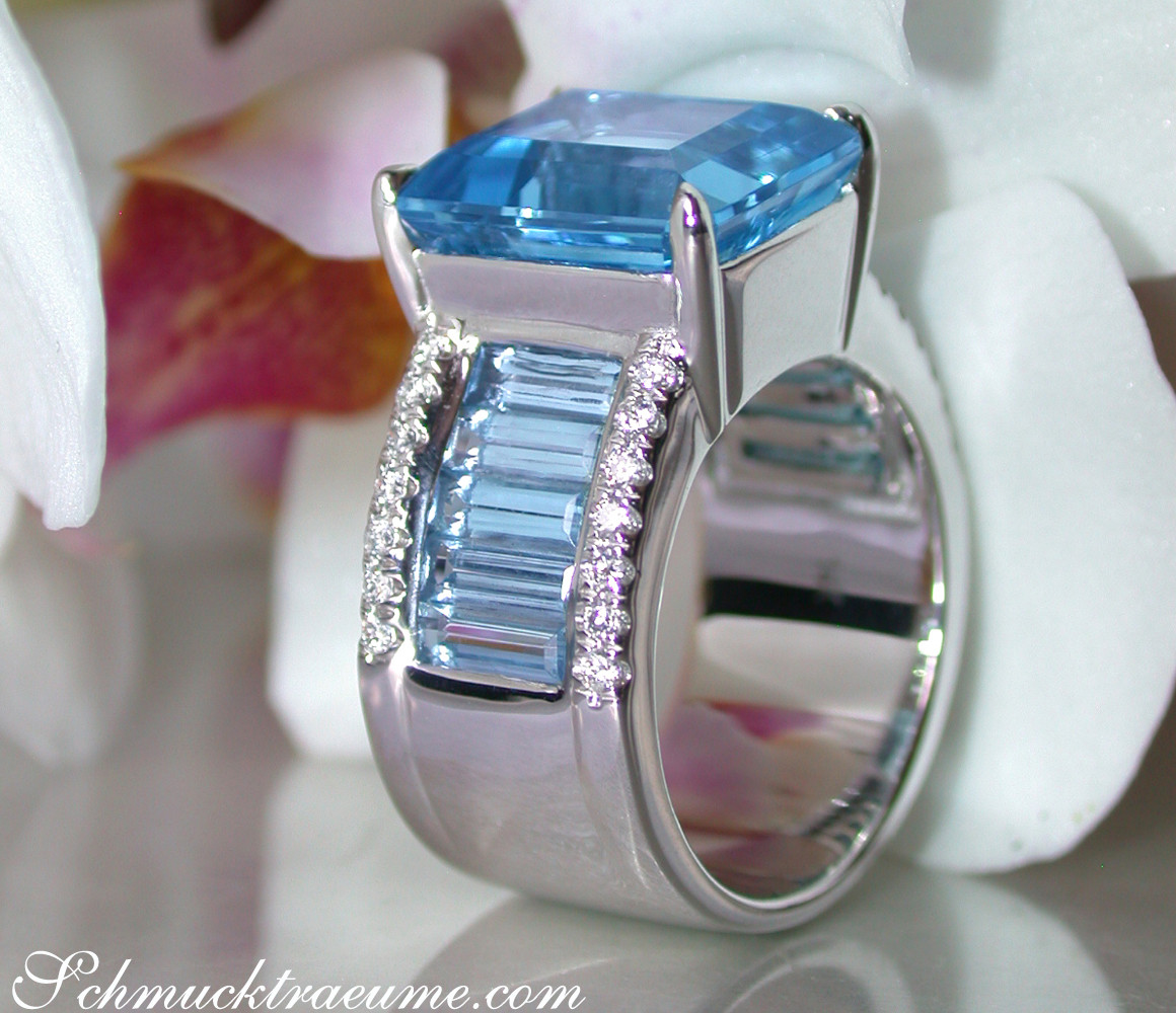 Blautopas-Ring mit Diamanten, Detailaufnahme, elegant, massiv, weißgold 585