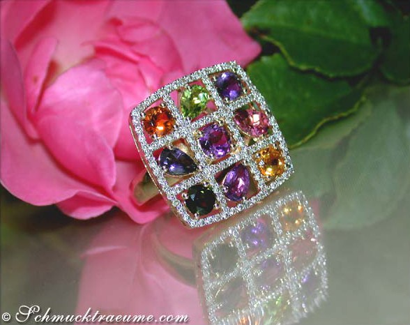 Herrlicher Multicolor Edelstein-Ring mit Brillanten aus Gelbgold 750