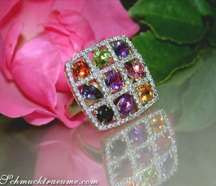 Herrlicher Multicolor Edelstein-Ring mit Brillanten aus Gelbgold 750