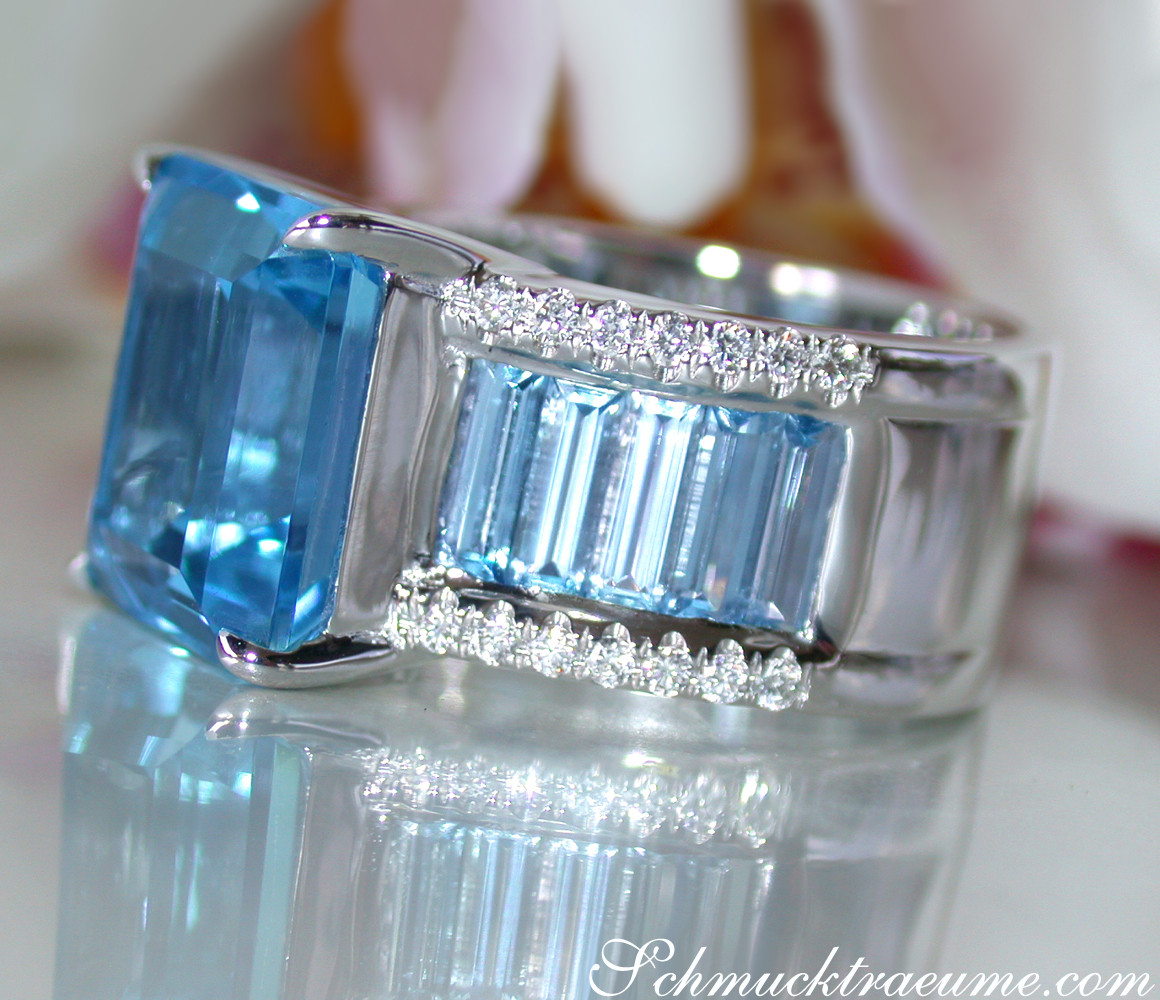 Blautopas-Ring mit Diamanten, massiv, handgefertigt, weißgold 585