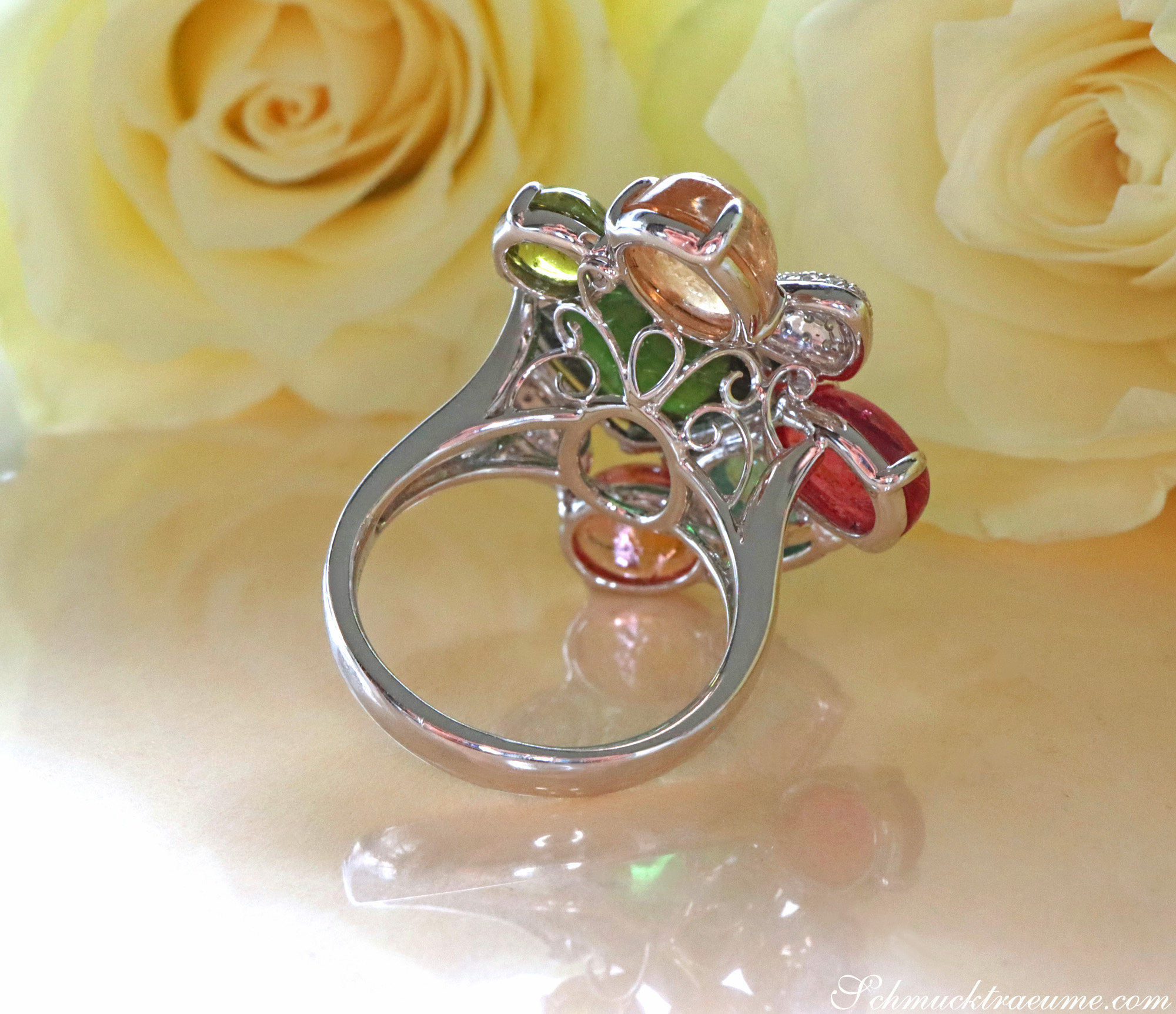 Multicolor Turmalin Ring mit Brillanten, Weißgold 750, Detailaufnahme