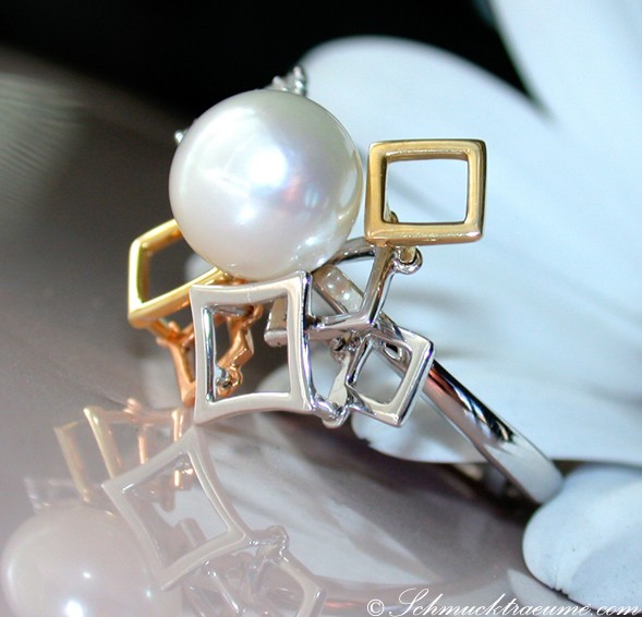 Süßwasserperlen-Ring mit Diamanten in Silber und Gold