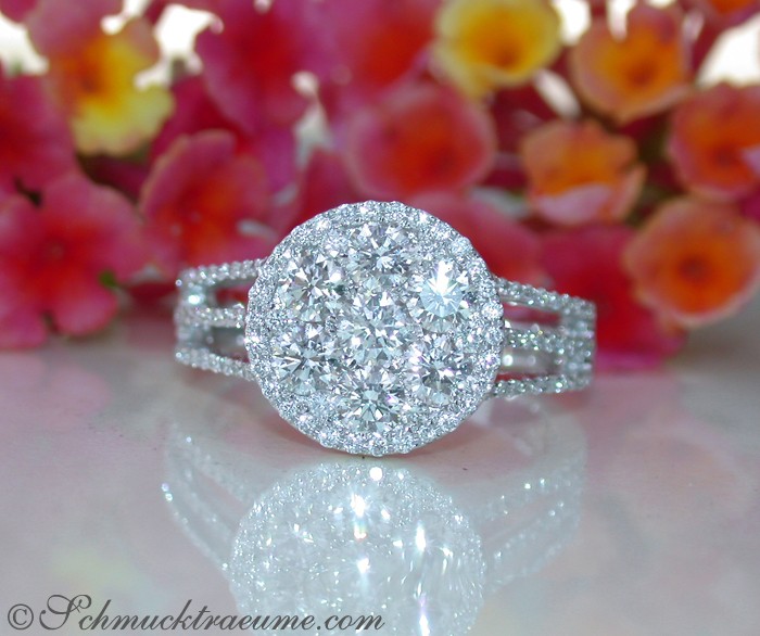 Flacher Brillanten-Ring mit 1.600 Karat, TW SI1, Weißgold 750, vor Blumenhintergrund