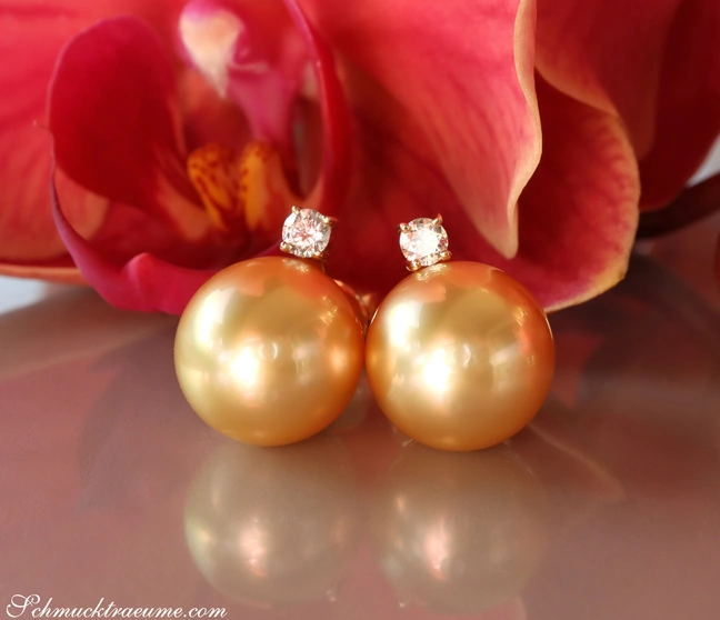 Goldene Südseeperlen Ohrstecker mit Brillanten auf Orchideenblüte. Goldene Südseeperlen Ohrstecker mit Brillanten auf Orchideenblüte.