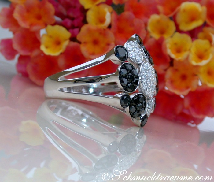 Schwarz-Weiß-Diamant-Ring mit Blumenhintergrund, Detailaufnahme.