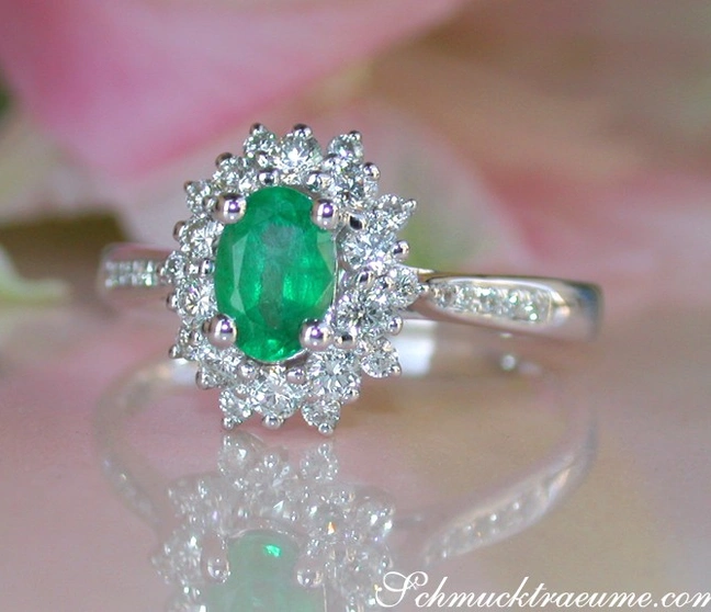 Weißgoldring mit Smaragd und Diamanten, Detailaufnahme, elegant und klassisch. Weißgoldring mit Smaragd und Diamanten, Detailaufnahme, elegant und klassisch.