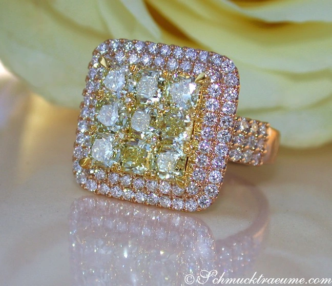 Glänzender gelber Diamant-Ring mit Brillanten in Roségold, Detailaufnahme Glänzender gelber Diamant-Ring mit Brillanten in Roségold, Detailaufnahme