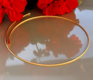 Gold-Halsreif in Gelbgold 750, Detailaufnahme, rote Blumen im Hintergrund