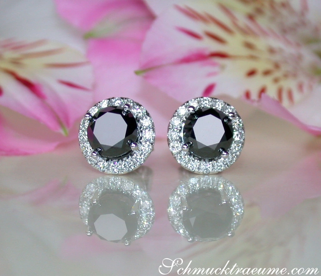 Schwarze Diamant-Ohrstecker mit Halo-Design auf Blütenhintergrund Schwarze Diamant-Ohrstecker mit Halo-Design auf Blütenhintergrund
