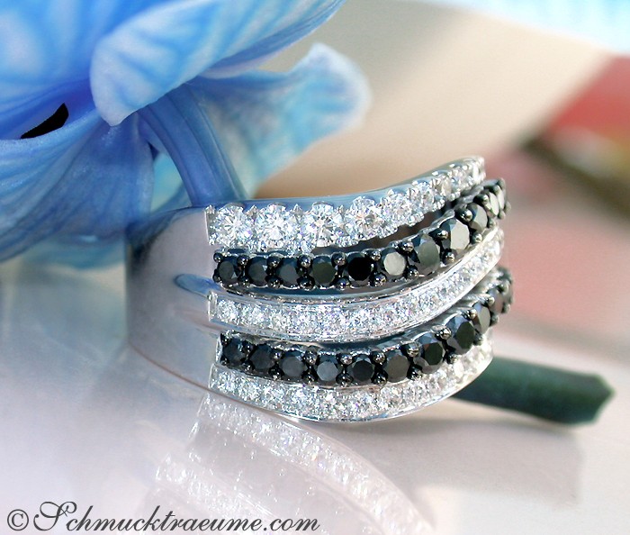 Detailansicht des schwarzen Diamant-Rings mit weißen Brillanten, elegant gestaltet auf blauem Hintergrund