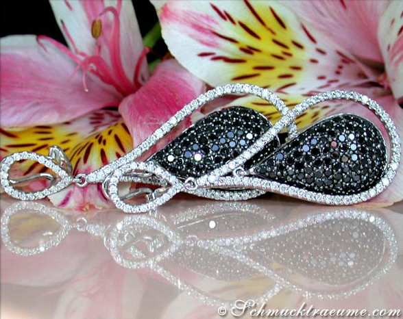 Weißgold-Ohrringe mit schwarzen und weißen Diamanten, auffällig schimmernd