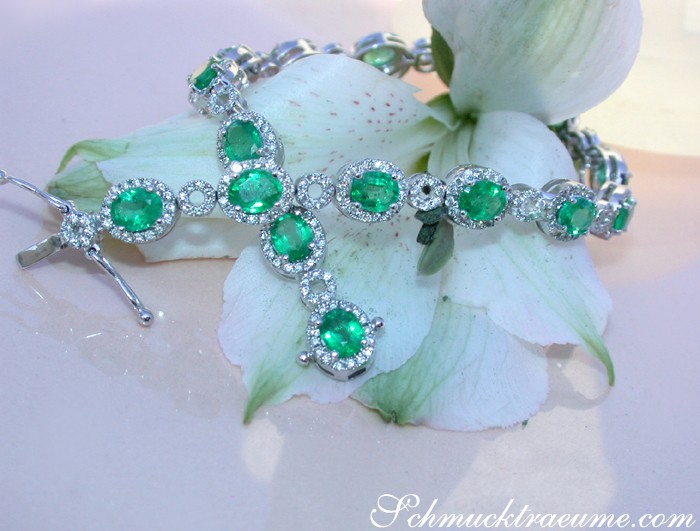 Weißgold-Armband mit Smaragden und Brillanten, Detailaufnahme, Blume im Hintergrund