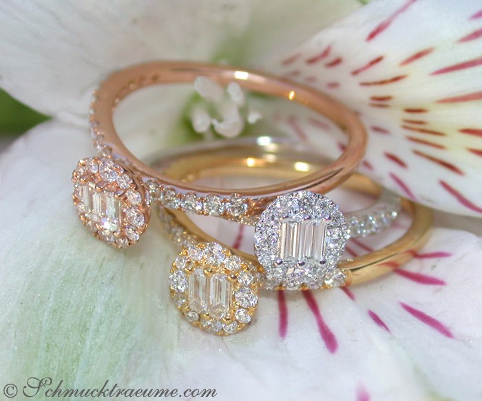 Goldene Diamantringe auf weißem Blütenblatt, detailreich, elegant gestaltet