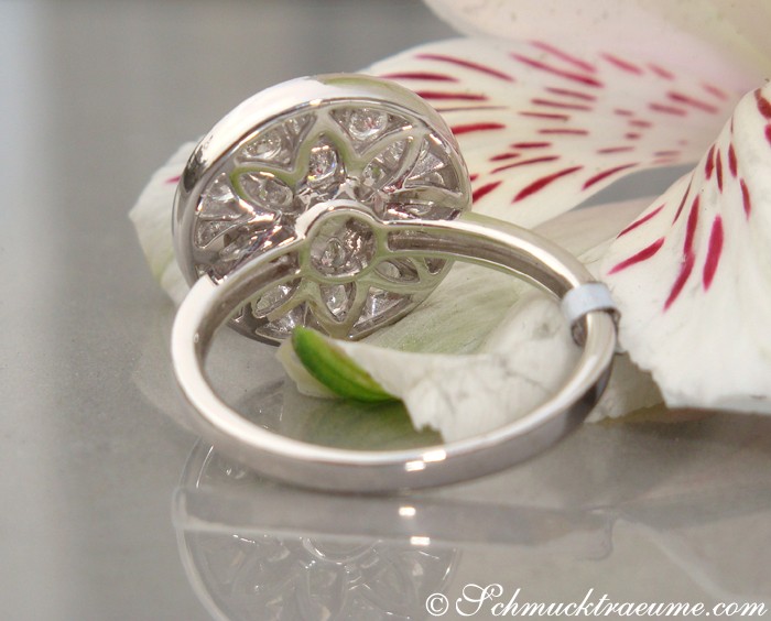 Weiße Orchideenblüte mit Diamant-Ring in Weißgold, Detailaufnahme