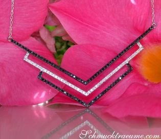 Schwarz-weiß-diamantierte V-Form-Halskette auf rosa Blüte, Detailaufnahme.