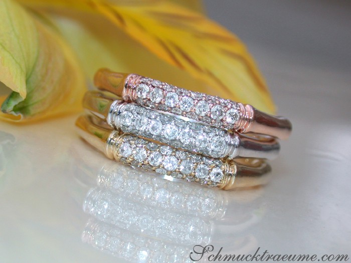 Drei-Diamanten-Ringe im Bambus-Design aus Weiß-, Gelb- & Roségold 585