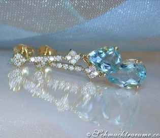 Grazile Aquamarin Tropfen Ohrringe mit Diamanten, Gelbgold 585, Detailaufnahme