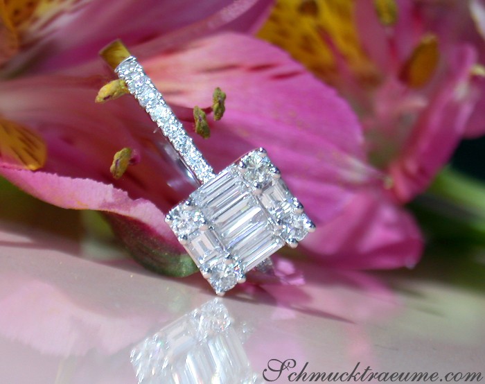 Schlichter Brillant Carré-Ring aus Weißgold 750 mit Baguette-Diamanten